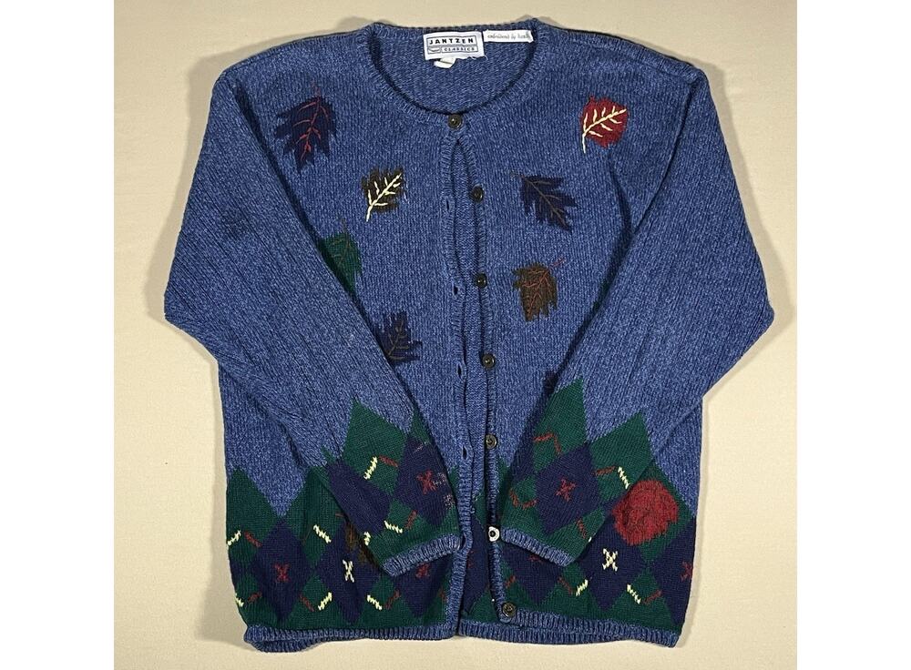 Vintage Jantzen Blue Wool Hand Embroidered Cardigan Sweater Fall Preppy